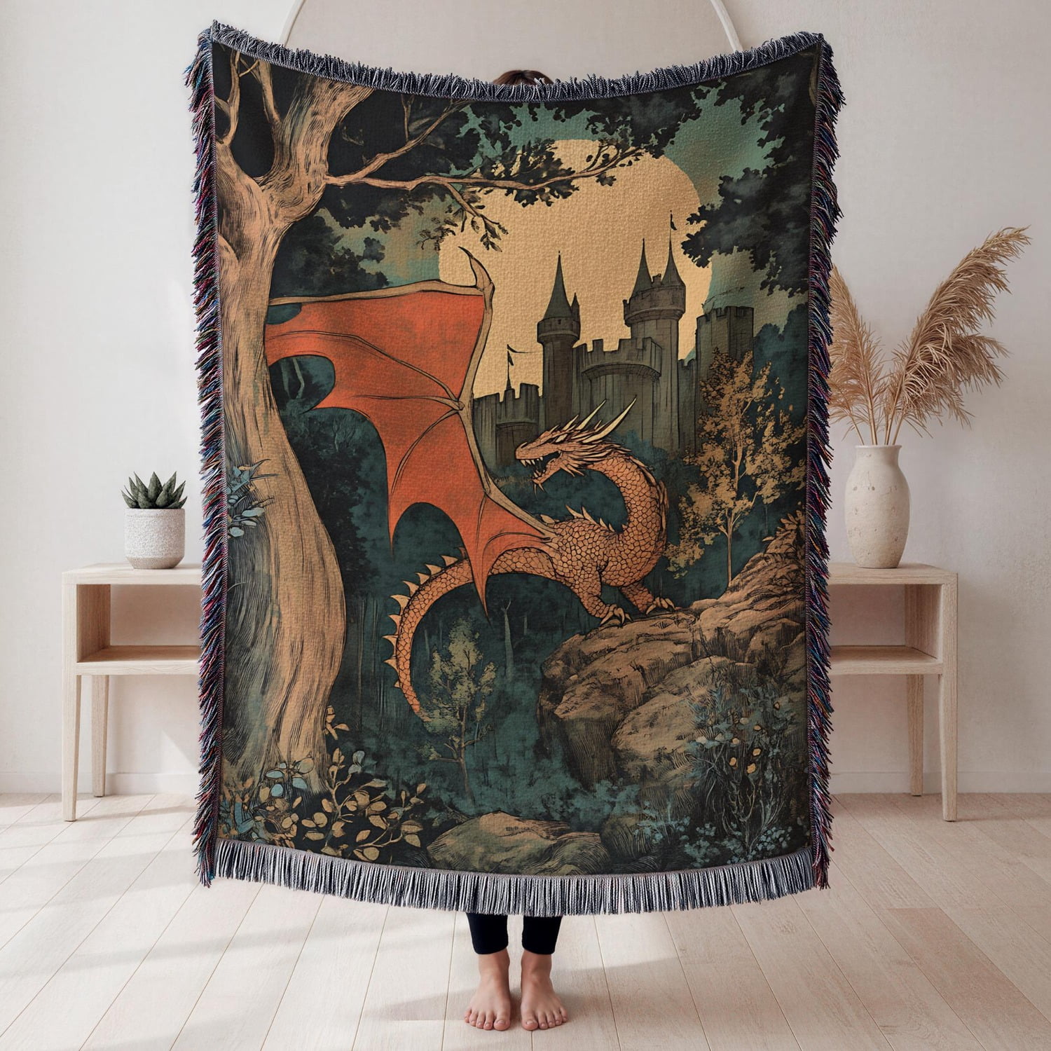 Retro Medieval Dragon Cottagecore Woven Throw Blanket Cotton with Fringed Edges for Living Room Decor