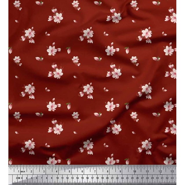 Soimoi Polyester Crepe Fabric Leaves & Magnolia Floral Print Fabric by The Yard 42 Inch Wide