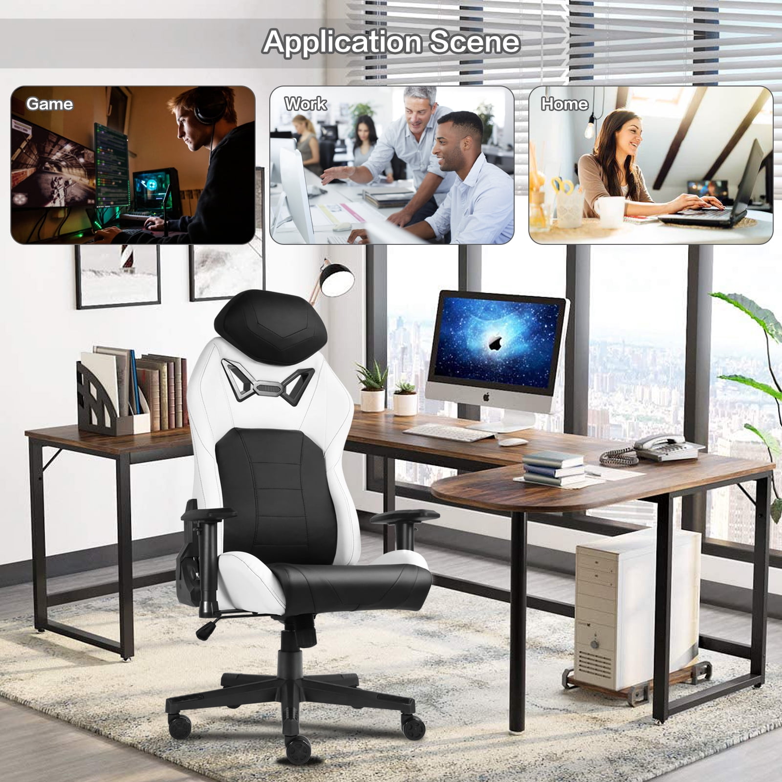 Ergonomic Gaming Chairs for Adults with High-Density Memory Foam | Swivel Comfortable Office Chair, Big and Tall Video Game Chair, High Back Computer Chair for Home, Office, Black White