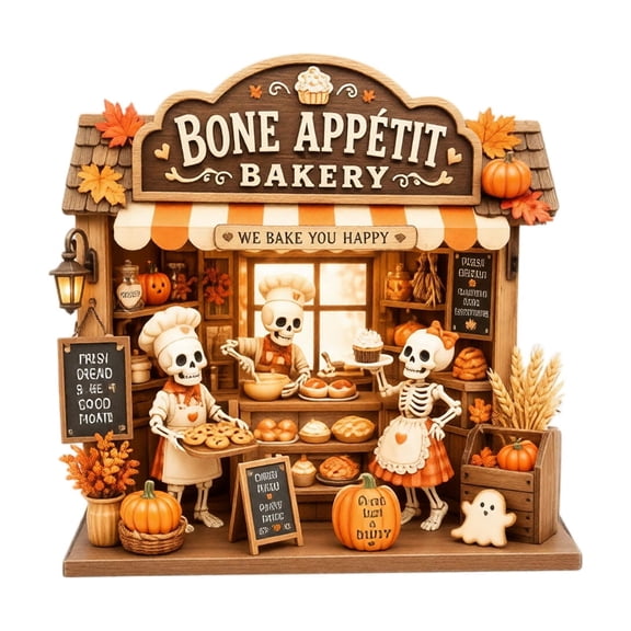 Halloween Decorations Indoor, Spooky Season Vintage Halloween Wooden Decor, Ghost & Skeleton Bakery Fall Home Table Decor, Creepy Cute Ornament for Shelves and Entry Tables