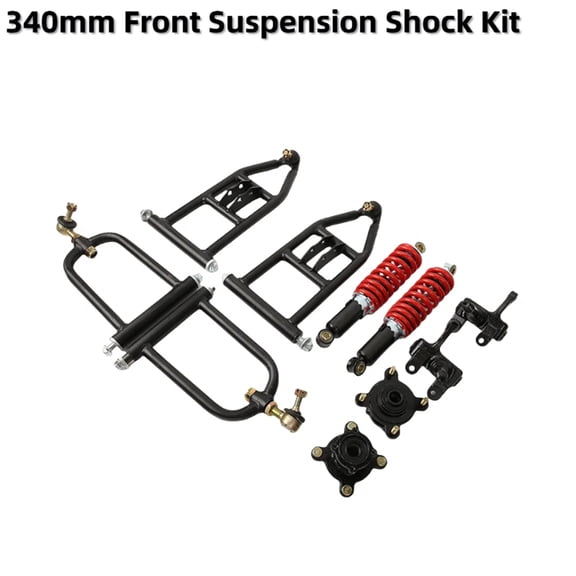 Front Suspension Shock Kit, Upper/ Lower Swingarm Steering Strut Knuckle Spindle & Wheel Hub for DIY Buggy Electric ATV Quad Bike Buggy Go Kart Parts (340mm Control Arms)