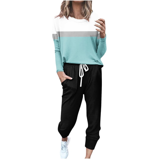 KIHOUT Survêtement pour Femmes Ensemble 2 Pcs Imprimé en Blocs de Couleur Manches Longues Col Rond Hauts Décontractés Pantalons String Jogger Ensemble de Détente