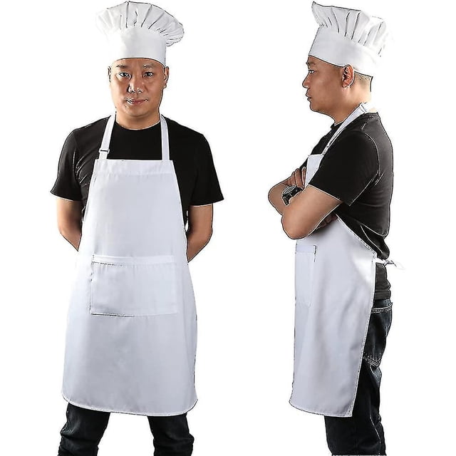 Conjunto de delantal de chef, gorro de chef y delantal de cocina, delantal blanco ajustable para adultos, panadero