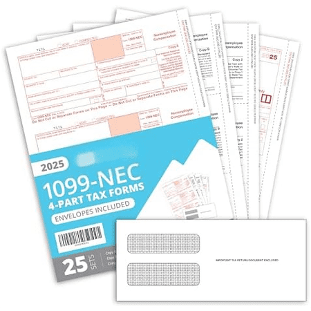 Blue Summit 1099 NEC Forms 2025 with Envelopes, 25 2025 1099 NEC Tax Forms, 4 Part Kit, Compatible with QuickBooks and Accounting Software, 25 Self Seal Envelopes with 3 1096 Included$$Office