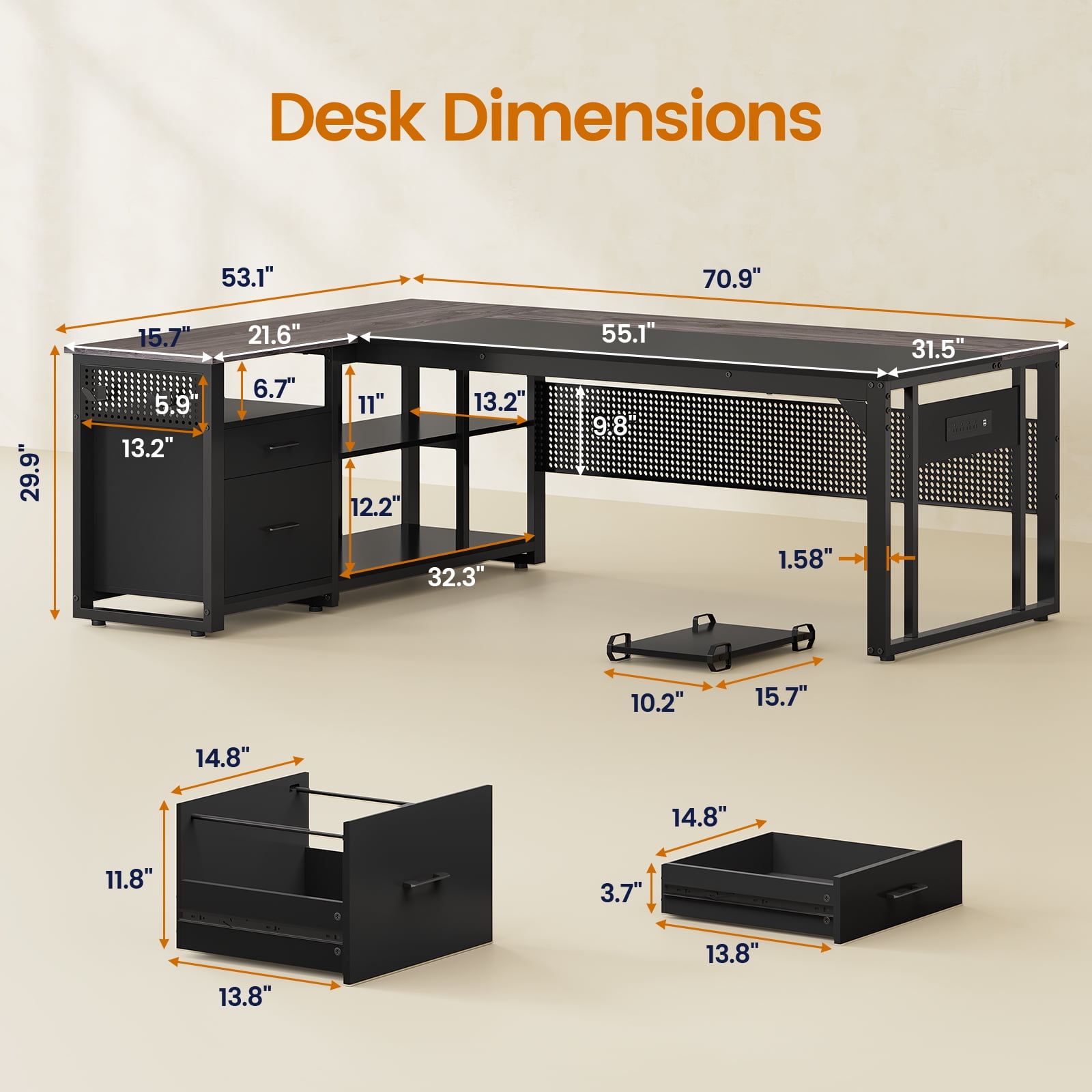 71" L-Shaped Executive Desk with Power Outlets & Mobile CPU Stand, Computer Desk with Storage Shelves, File Cabinet & Pegboard, Corner Desk for Office, Home, Grey
