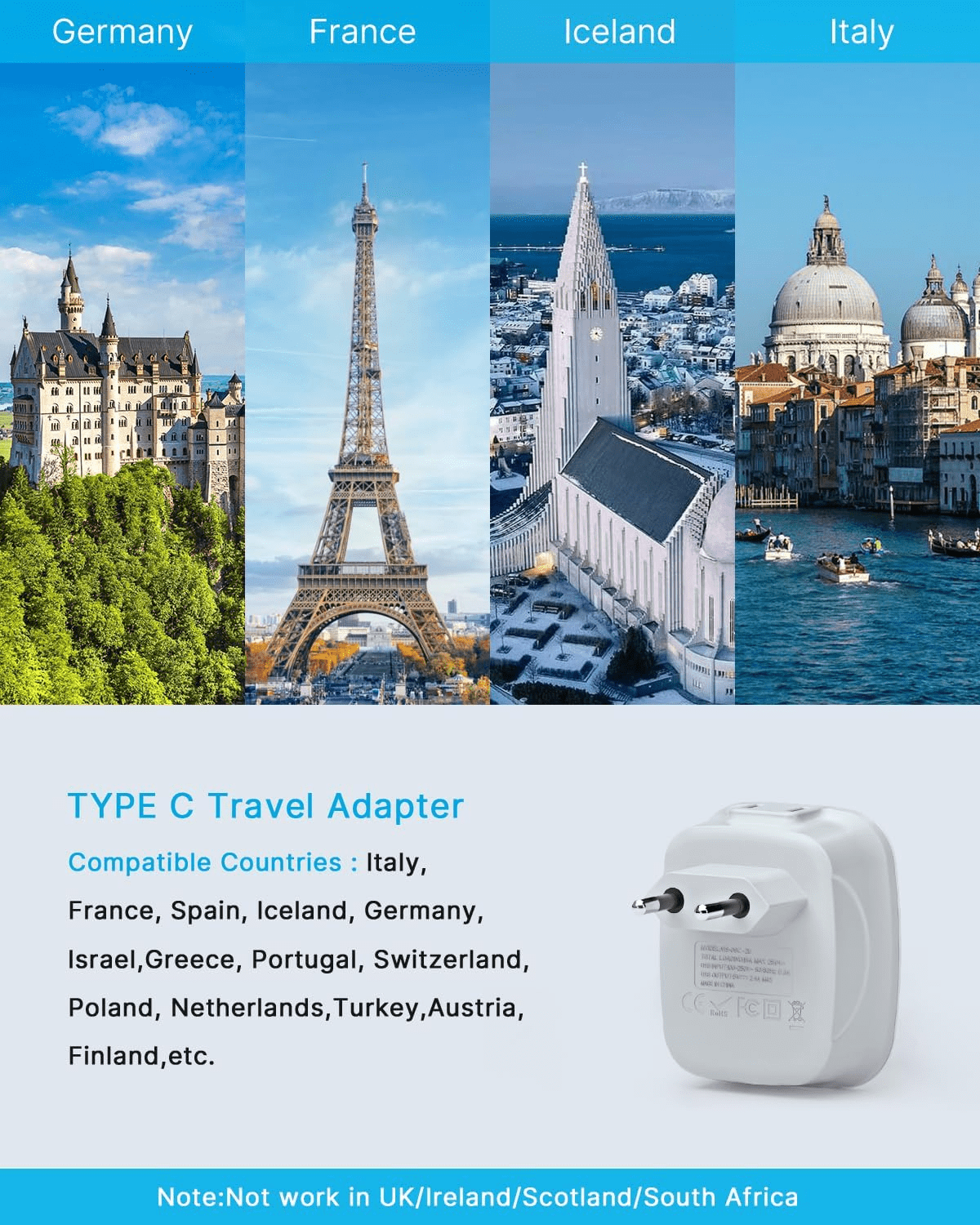 [2-Pack] European Travel Plug Adapter, VINTAR International Power Adaptor with 2 USB Ports,2 American Outlets- 4 in 1 Outlet Adapter,Travel Accessories to Italy,Greece,Israel,France, Spain (