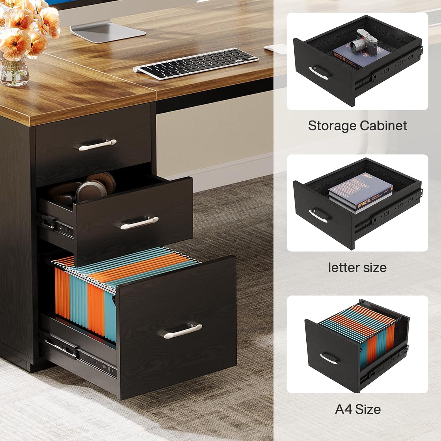Tribesigns 85.8-Inch L-Shaped Executive Desk, Extra Large Modern Office Desk with File Drawers, Door Cabinet & Shelves, Brown&Black