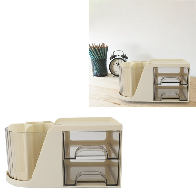 Desktop Organizer, Multi Functional Plastic Storage Box with 2 Drawers, Rotating Pen Holder and Shelf for Office School Home