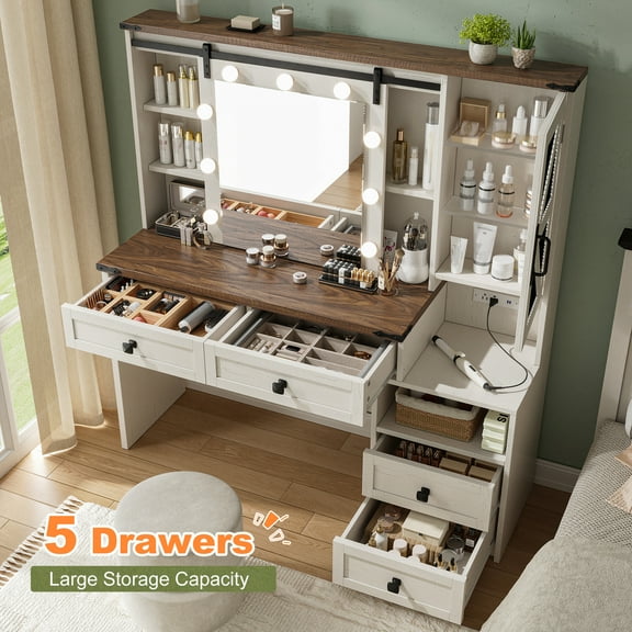 Romorgniz Makeup Vanity with Mirror and Lights Vanity Desk with Charge Station & 4 Wooden Drawers, Stool Not Included, White