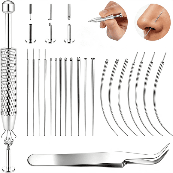 RAQOE 21Pcs Piercing Taper Ball Grabber Tool Hypoallergenic Piercing Kit,316L Stainless Steel for Sensitive Ears,Flat Back Earring Applicator for Changing Jewelry,14G-20G Body Piercing Kit for Ear