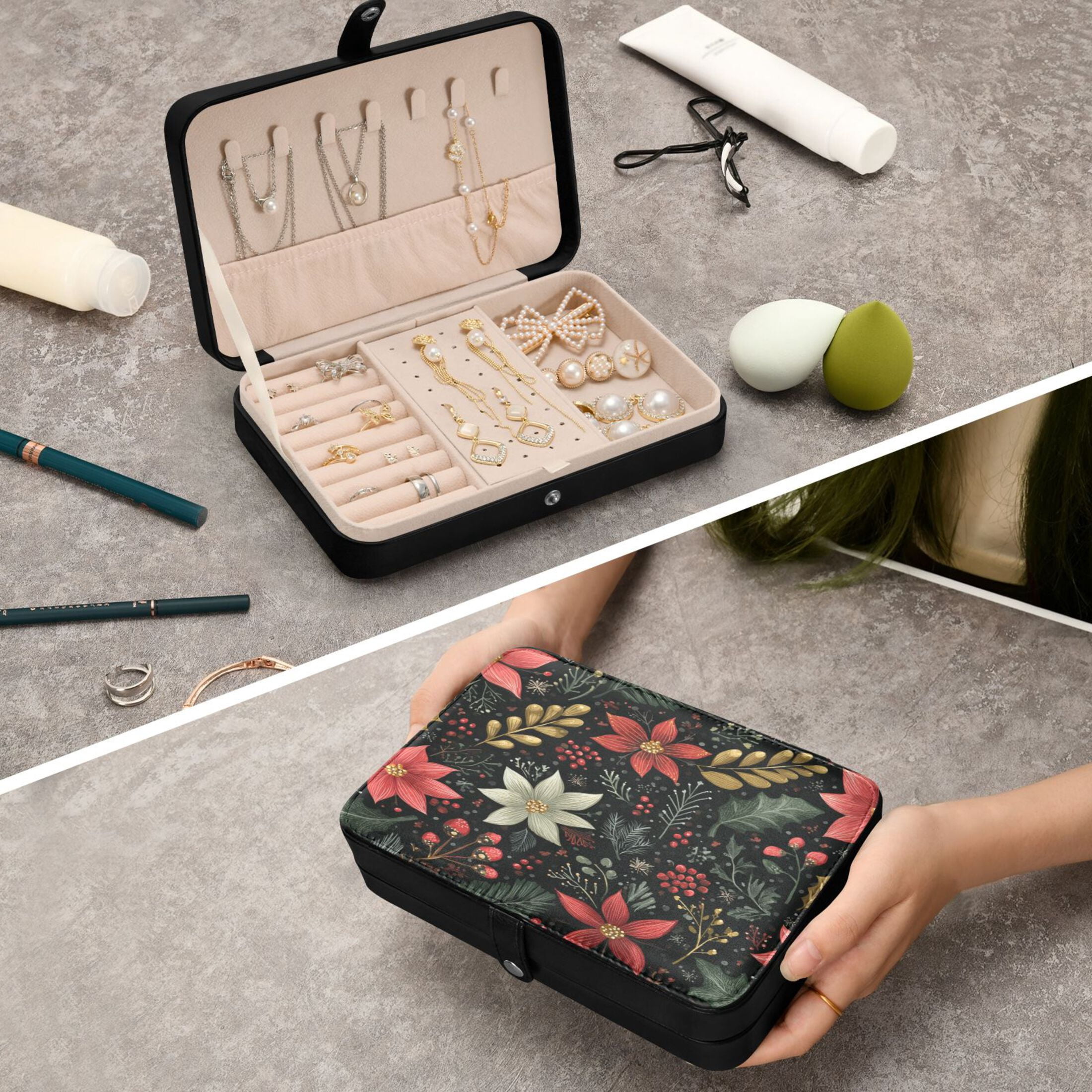 Leather Jewelry Box Rectangular 8.27x5.5x1.78In Travel Jewelry Storage Earrings Necklace Bracelet Watch Brooch Storage Beautiful Christmas Flowers