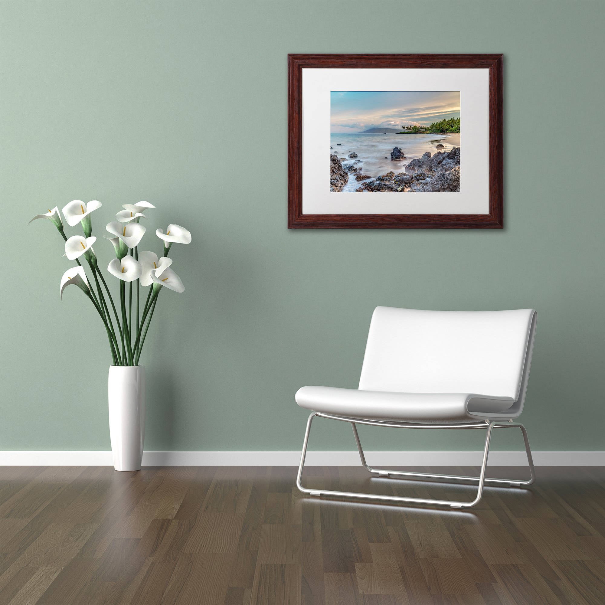 Trademark Fine Art 'Secret Beach Sunrise Maui' Canvas Art by Pierre Leclerc, White Matte, Wood Frame