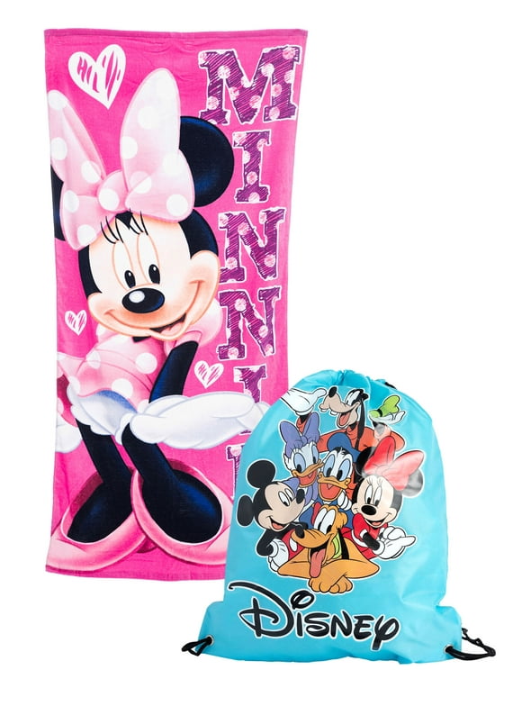 Disney Girls Minnie Mouse Beach Towel Hearts 58x28 w/ 15" Drawstring Tote Bag