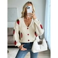 thumbnail image 3 of Women'S Kawaii Strawberry Embroidered Long Sleeve V Neck Chunky Knitted Tops Cream White S, 3 of 8