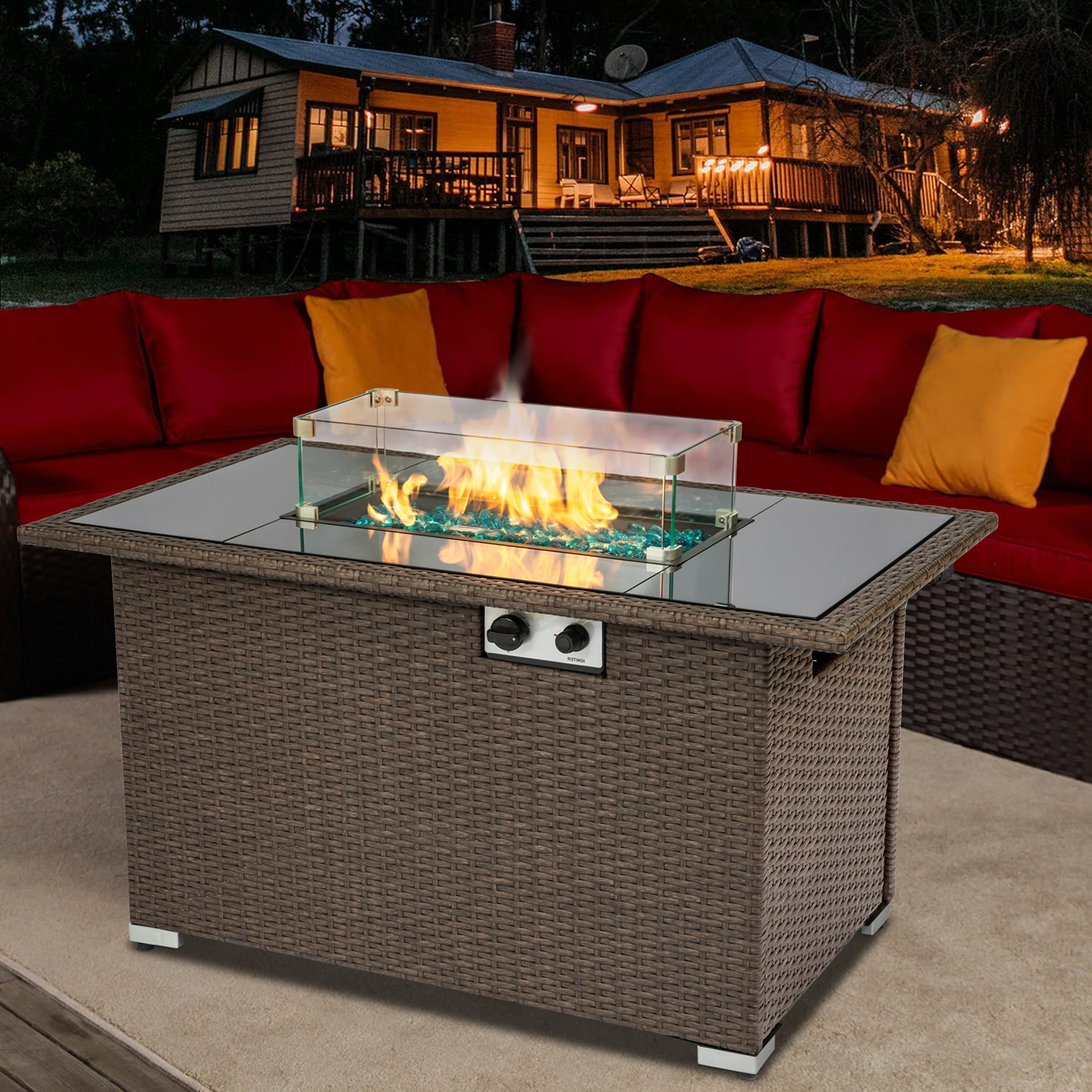 Pulse Ignition 50,000BTU CSA Certification Rectangle Firepit Table with Glass Wind Guard Fire Glass Metal Lid and Cover for Outside EMBRANGE 43-inch Propane Gas Fire Pit Table 