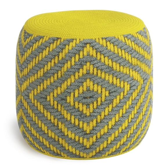 Simpli Home Kent Contemporary Round Round Woven Outdoor/ Indoor Pouf in Grey and Yellow Recycled PET Polyester