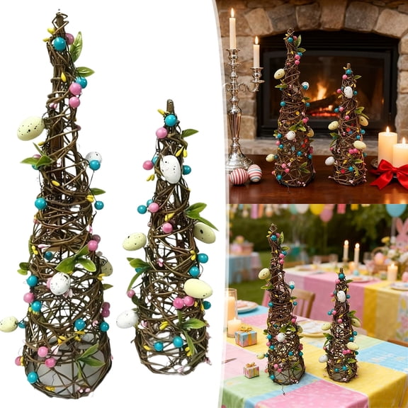 2 Pcs Easter Rattan Table Tree Decor, Easter Decorations, Table Centerpieces Decor, Artificial Tree with Eggs & Berries, Spring Decorations for Home