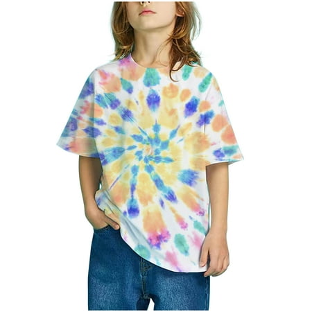 

XMMSWDLA Sales Clearance Tops for Girls Girls Casual Loose Tshirt Short Sleeve Cartoon Pattern Tops Child Crewneck Summer Outfit Gradient Print Tops
