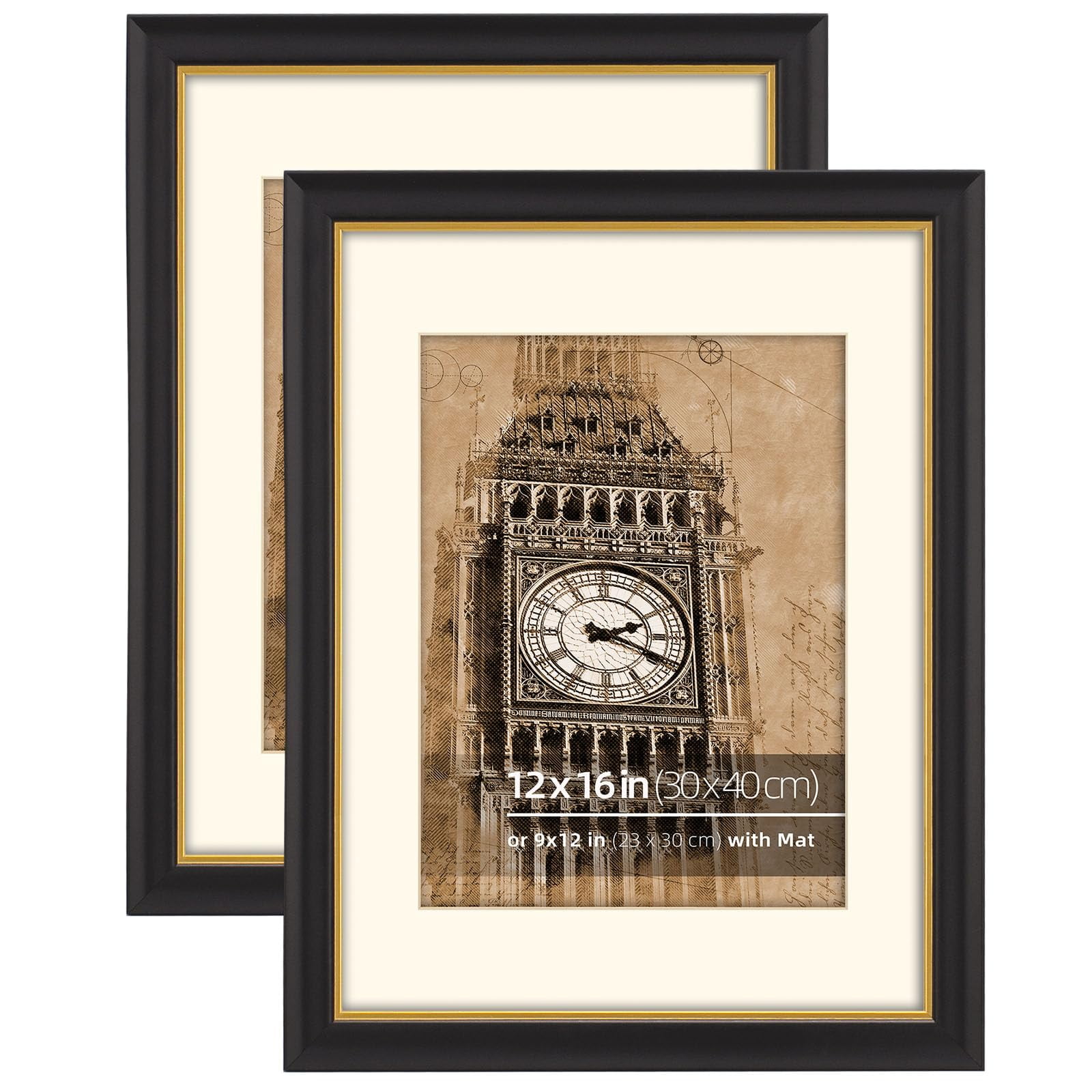 12x16 in 2PK Wood Black Bronze Gold 2 Tone Vintage Antique Retro Picture Frame, Museum Grade Off White Mat 9x12, Plexi Glass Protection, Wall Hanging Photo Display, Gold Trim