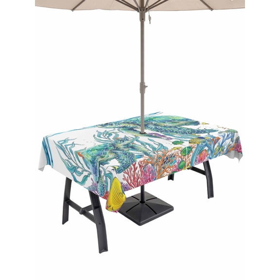 Outdoor Tablecloth with Umbrella Hole for Patio/Picnic/Party/Camping, Ocean Turtle Waterproof Table Cloth Rectangle Table Cover Washable, Coastal Animals Seaweed Fish Coral Marine Life (52"x 70")