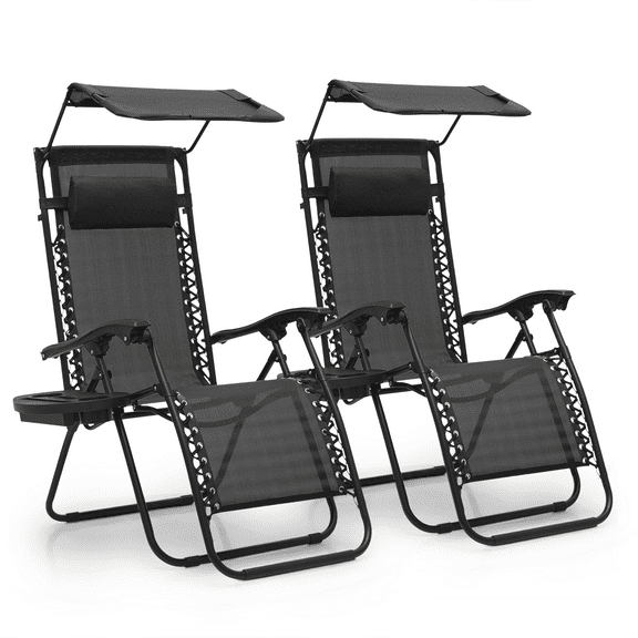 NNYYS Zero Gravity Chair with Canopy Set of 2, Reclining Outdoor Patio Lounge Chair, Folding Anti Gravity Recliner, Portable Lounger with Removable Cup Holder Side Tray and Pillow Headrest,Black