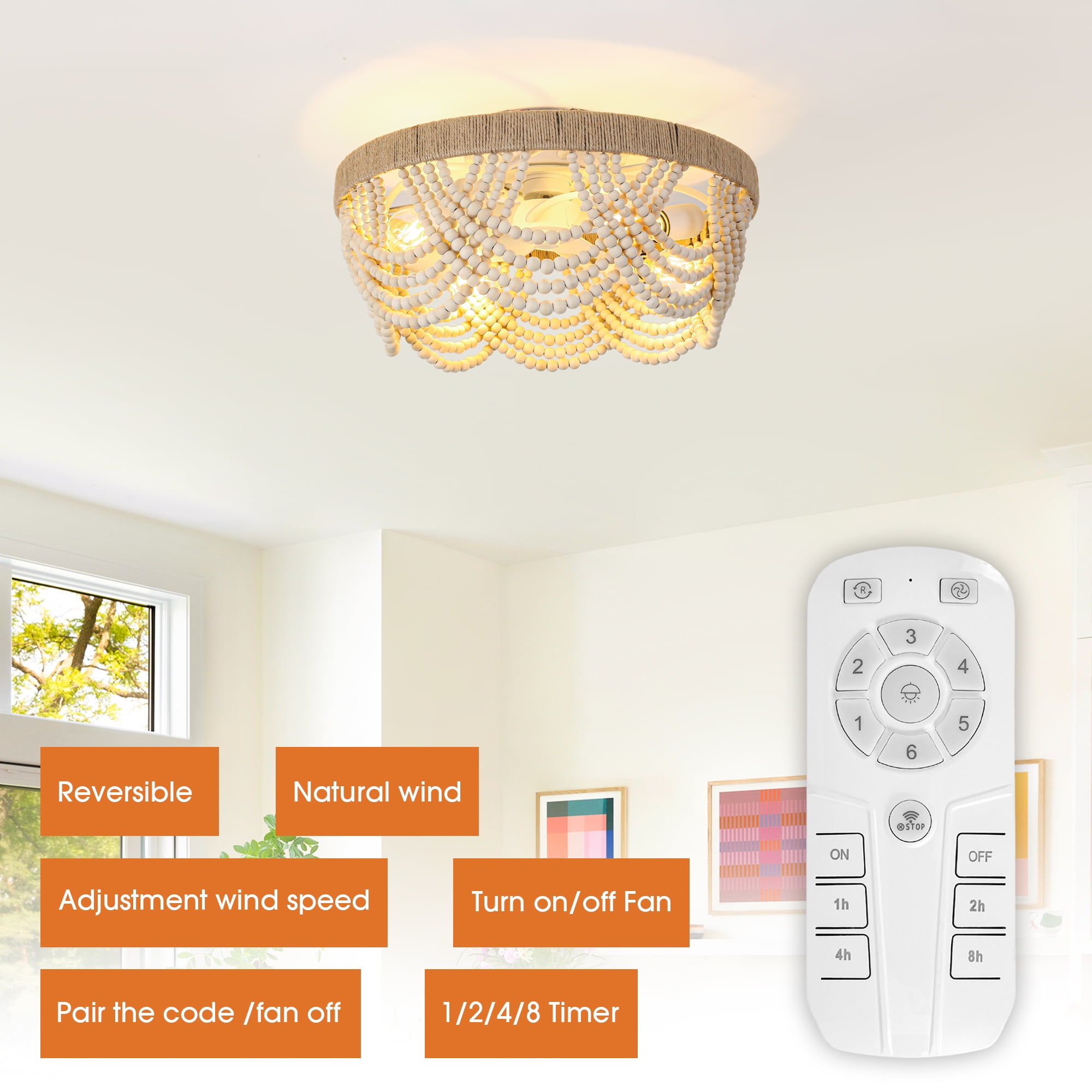 Parrot Uncle 20" Smart Beige Wood Beaded 4-Light Flush Mount Smart Ceiling Fan with Remote and Light Kit, Bedroom Ceiling Fan