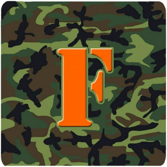 Monogram - Camo Green Foam Coasters, Initial Letter F - Set 4, 3.5 x 3.5 In.