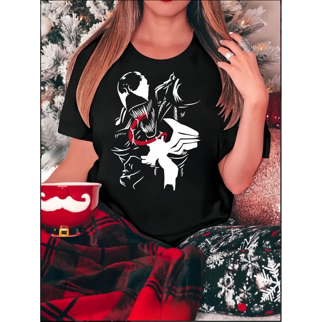 Women's Fashionable Black Monster Graphic Tee - Casual Round Neck Short Sleeve, Comfortable Polyester Blend, Perfect for Summer & Holiday Wear