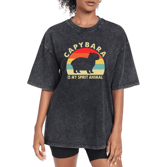 Women's Capybara Spirit Animal Graphic Cotton Washed T Shirt Casual Comfortable Black S-2XL Plus Size