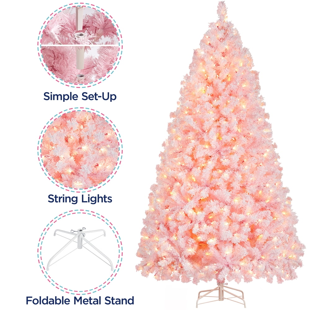 Alden Design 7.5 Ft Pre-lit Flocked Christmas Tree with Warm Lights, Pink