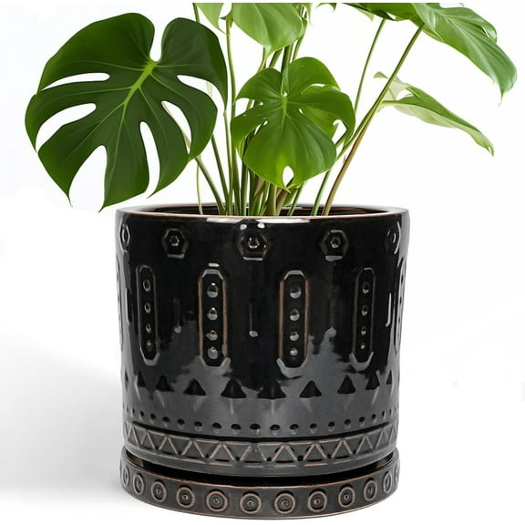 Ceramic Planter for Indoor Plants - 10 I  h Plant Pots with Drainage Hole and Saucer, Round Decorative Flower Pots Outdoor, Boho Large Planter, Room Decor, House Warming Gifts, Black
