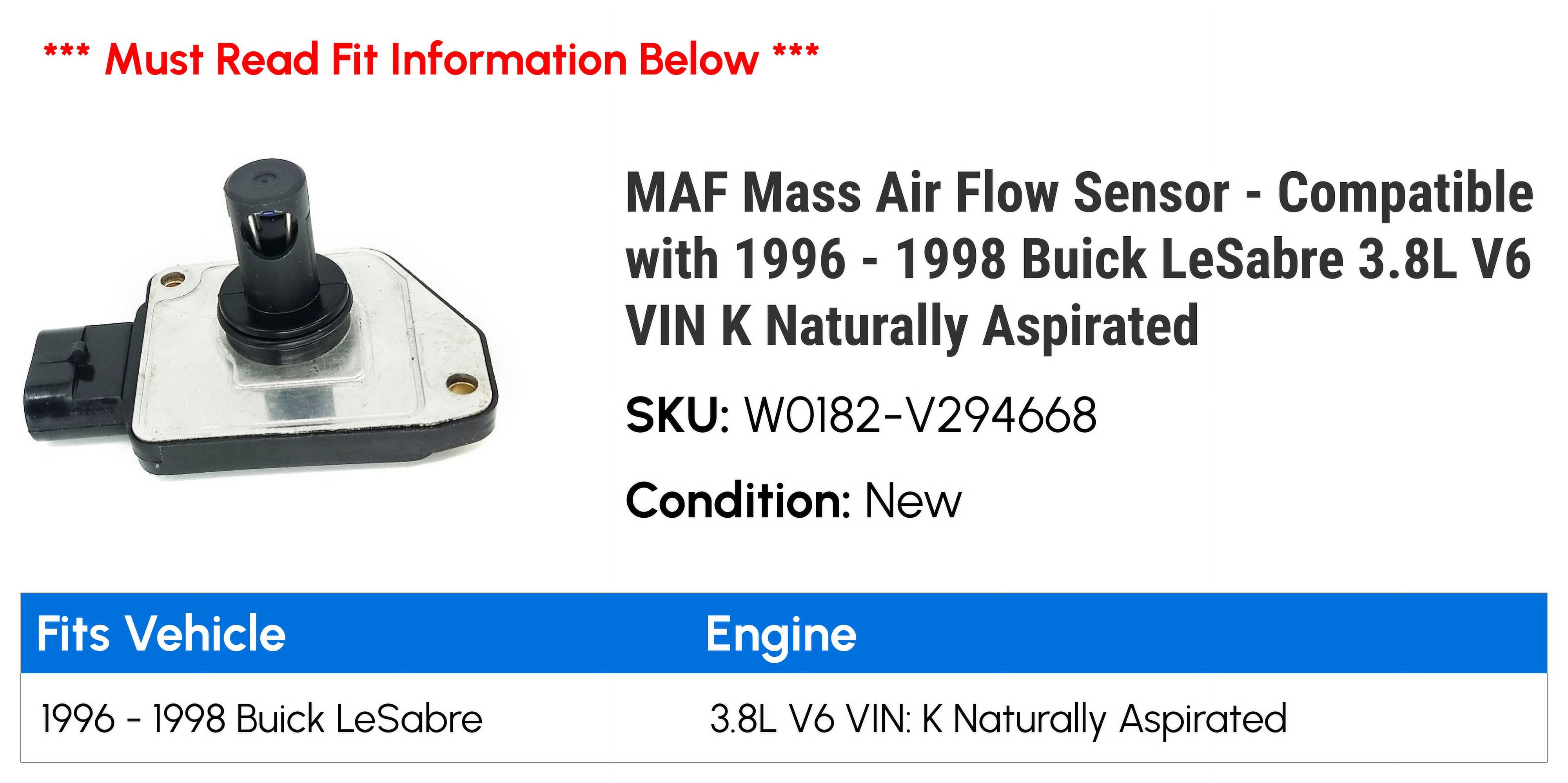 MAF Mass Air Flow Sensor - Compatible with 1996 - 1998 Buick LeSabre 3.8L V6 VIN K Naturally Aspirated 1997