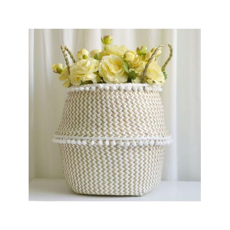 Basket Patterns To Weave SHEMALL Foldable Handmade Grass Weaving White Pattern with Small Plush Balls Flower Storage Basket ()