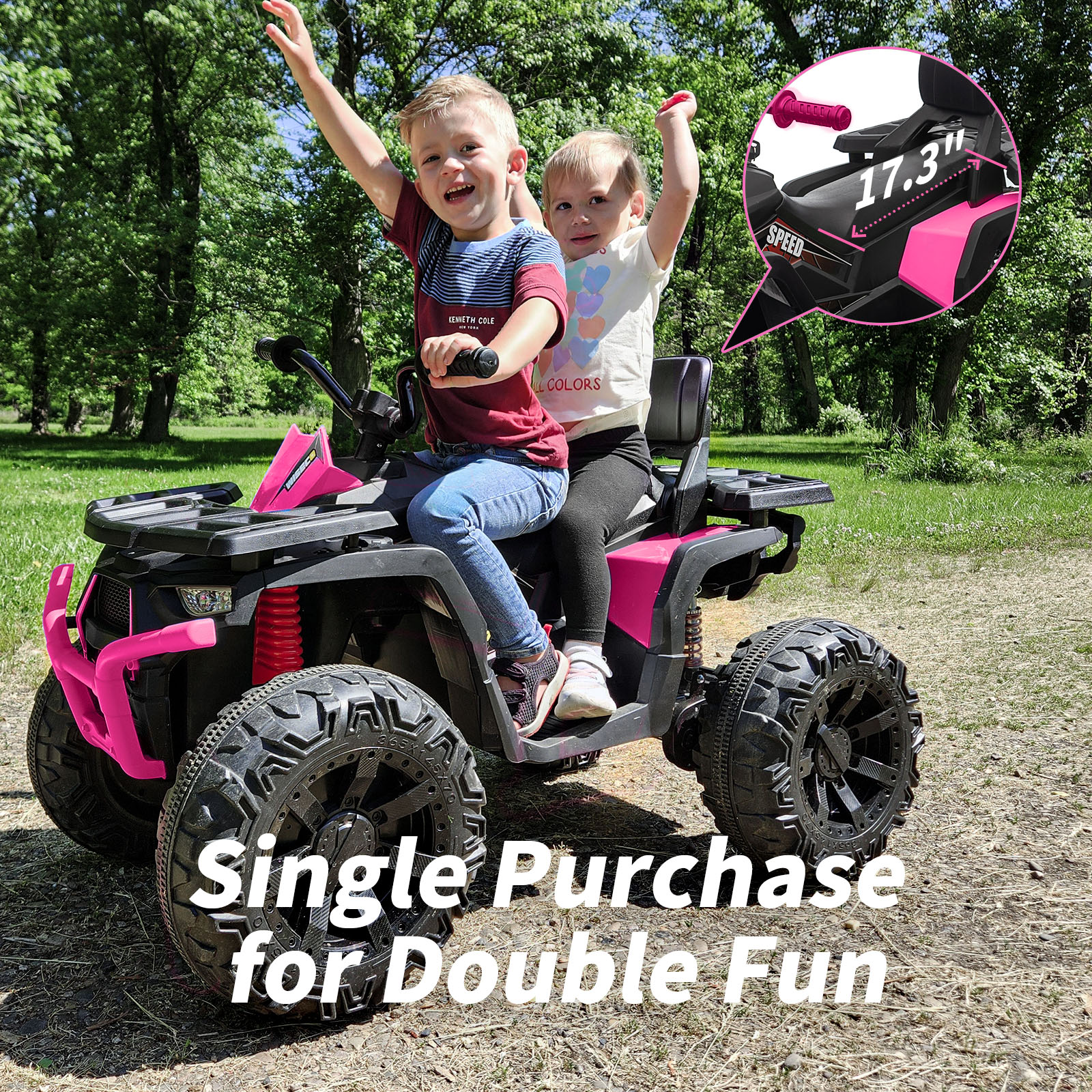 Hikiddo 24V Ride on Toys, Kids ATV 4-Wheeler for Big Kids with 2 Seater, 400W Motor, Bluetooth - Pink