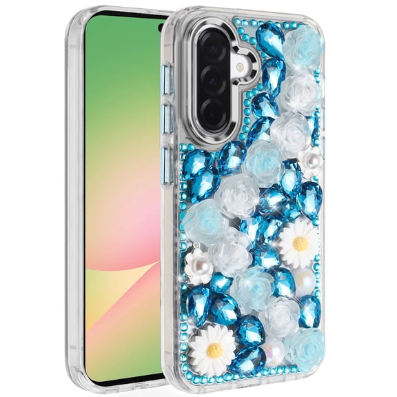 For Samsung A57 5G Case Full 3D Bling Rhinestone Jewel Cover Tempered Glass