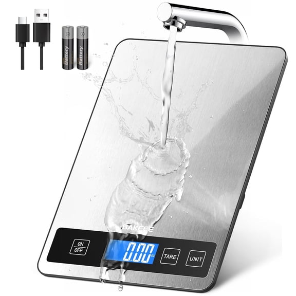 Food Scale - 15kg/33lb Rechargeable Digital Kitchen Scale with Full-View LCD Display, Grams and Ounces, Type-C or Batteries, Easy Clean Stainless Steel, for Baking, Cooking & Meal Prep, Black