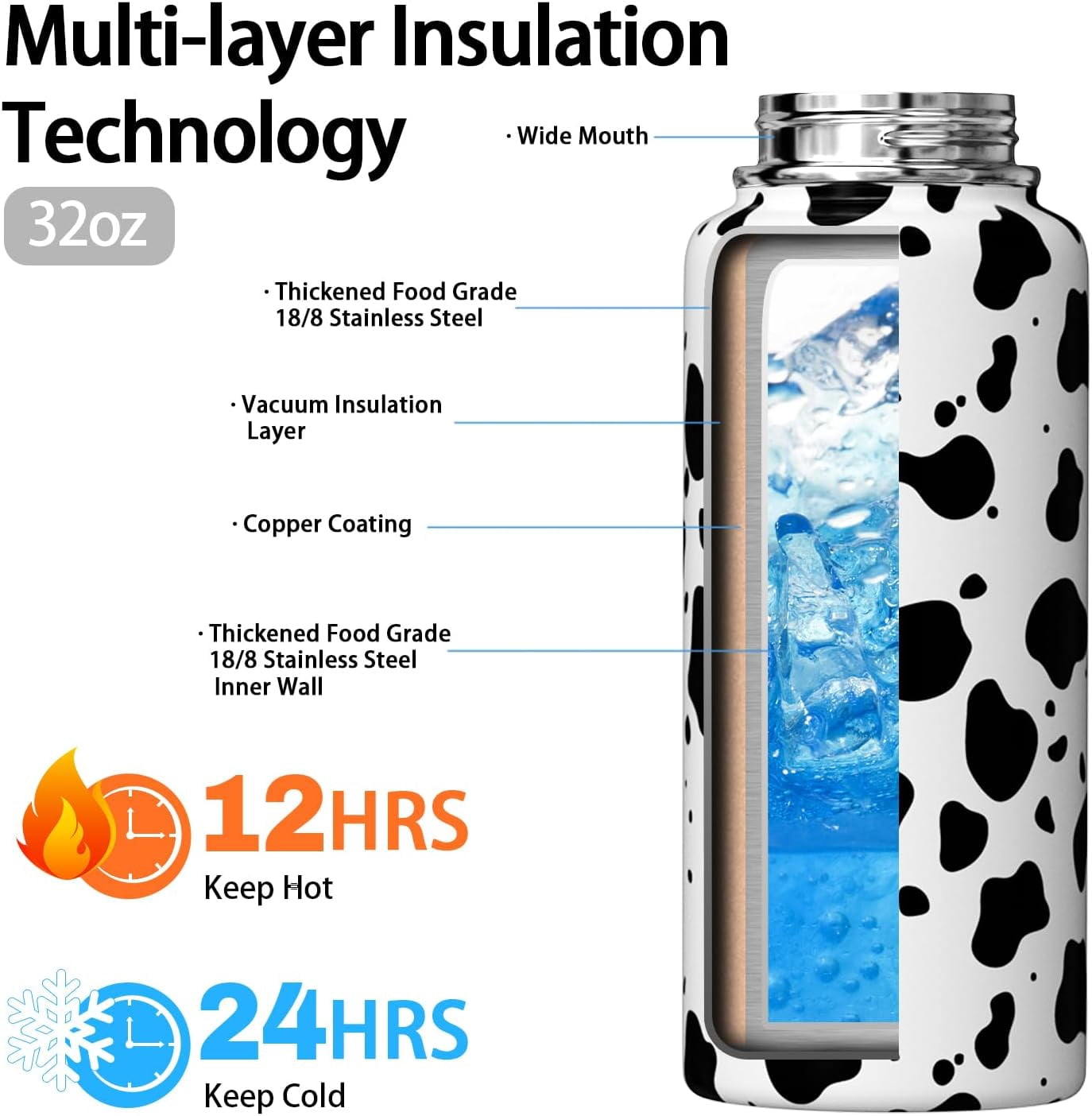 Cow Print Water Bottle with Straw Lid 32oz Vacuum Insulated Sports Water Bottles Cow Gifts for Women Men Cow Print Stuff Accessories Stainless Steel Thermos Travel Mug