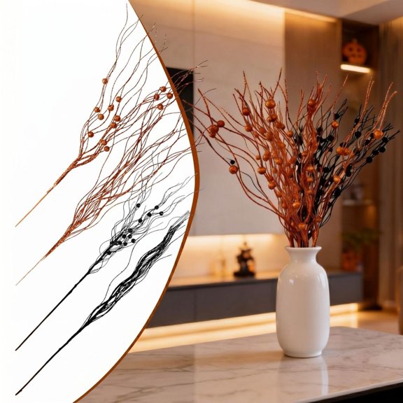 FENGGHAO Artificial Flowers Halloween Glitter Twigs Branches With Curly Berry Picks, Fall Decor For Vase Filler, Autumn Home Table Decoration And Seasonal Arrangement In Orange