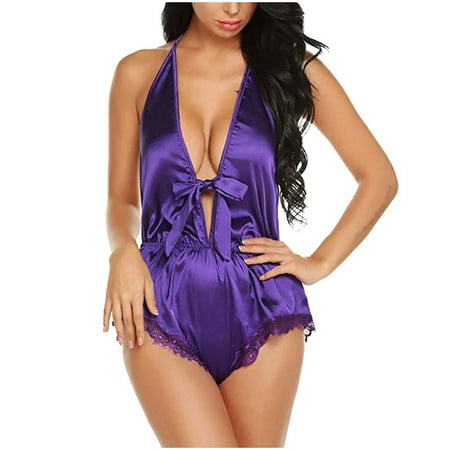 

Gaiseeis Silk Pajamas Sexy Satin Underwear Jumpsuit Bodysuit Teddy Lingerie Sleepwear Purple S