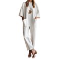 thumbnail image 2 of Xdegoge Casual Jumpsuits for Women Half Sleeve Crew Neck Straight Leg Jumpsuit Elegant Loose Office Vacation Romper with Pockets, 2 of 5