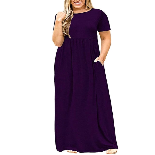 Outfmvch Robes d'Automne Robes pour Femmes Robe Violette Robes Grande Taille T-Shirt Manches Courtes Robe Maxi Couleur Unie Robe Maxi pour Femmes Robe Grande Taille Violet 4TG
