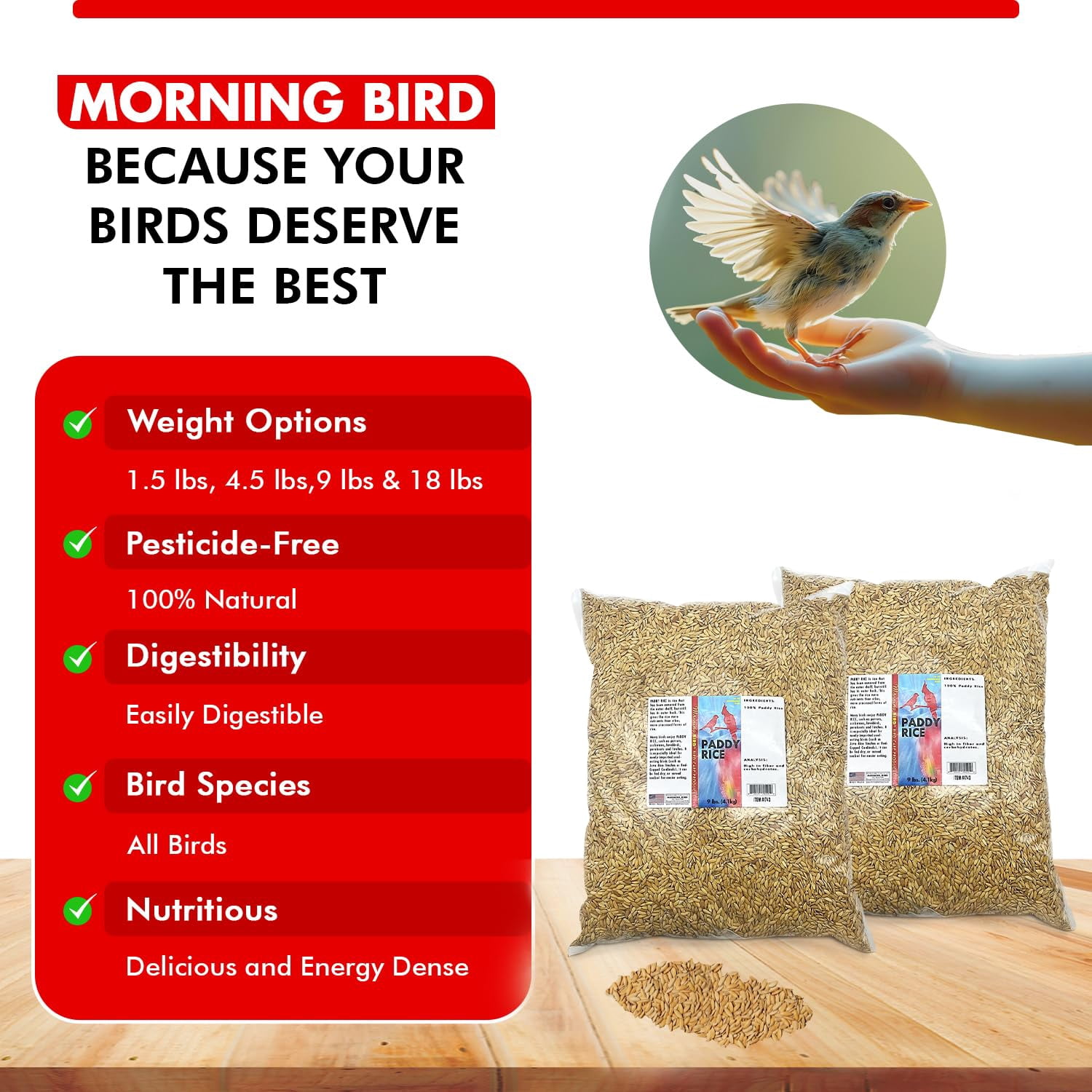 Morning Bird Paddy Rice 18 lbs (2-Pack, 9 lbs Each) – High-Quality Bird Seed for Optimal Health & Nutritious Pet Bird Food – Supports Feathers & Immunity – Ideal for all Seed Eating Birds
