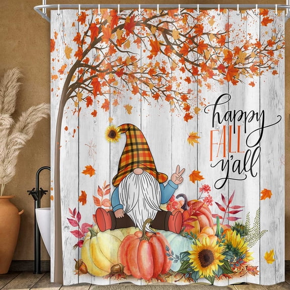 Fall Gnome Thanksgiving Shower Curtain, Autumn Maple Tree Leaves Harvest Pumpkin Bathroom Curtains with Hooks Set, 72 x 72 Inch