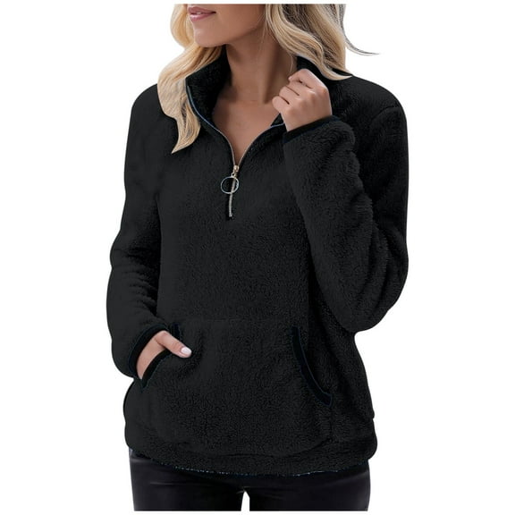 XPMWRP Women's Solid Color Warm Sherpa Pullover 1/4 Zip Collar Fleece Sweatshirt Winter Long Sleeve Tops Coat with Pockets Black S