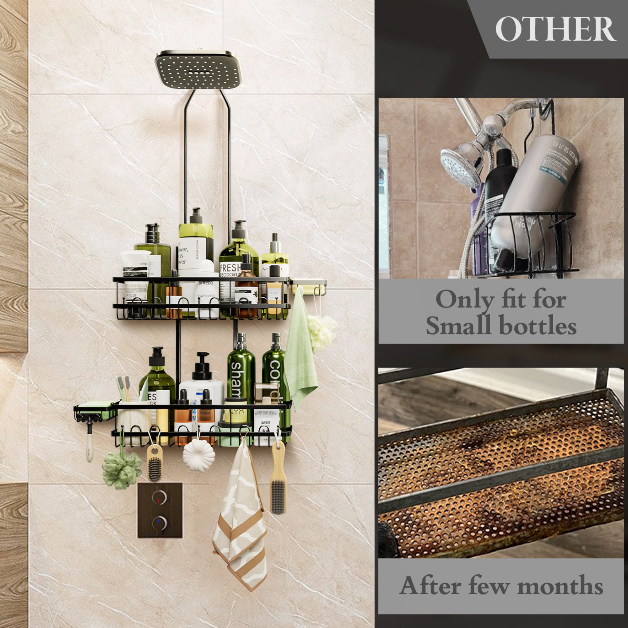 SHINGONE Shower Caddy Hanging: Adjustable Height Organizer for over Showerhead - Black Rustproof Shower Shelves with Hooks & 2 Soap Holders
