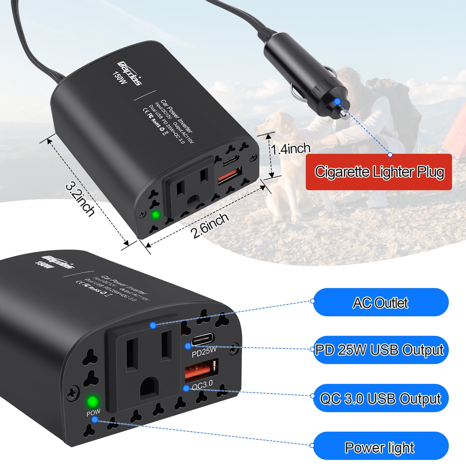150W  Power Inverter DC 12V to 110V AC Car Plug Outlet Adapter with PD 25W USB C& QC 3.0 Car Laptop Charger-Black