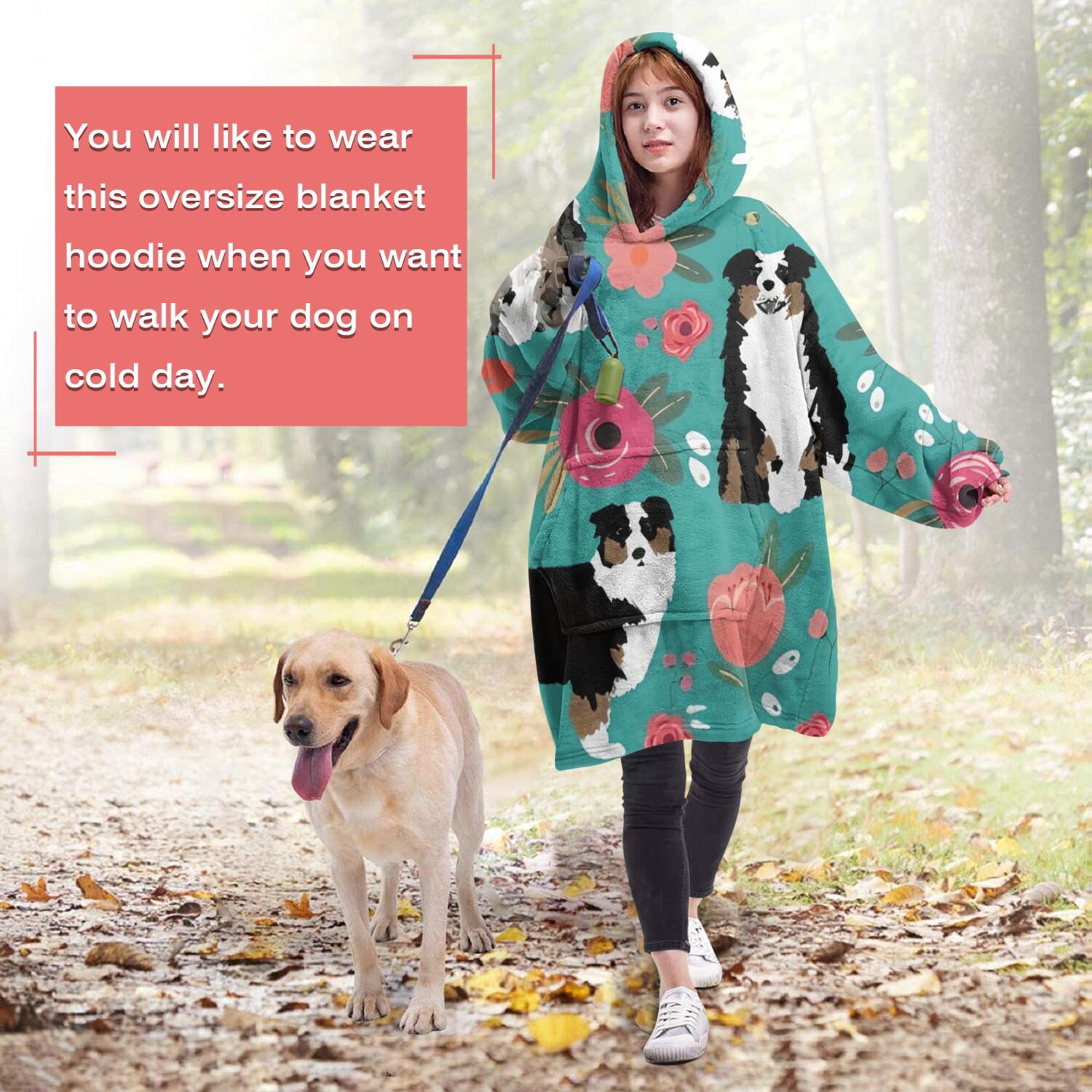 Wearable Oversized Blanket,Australian Shepherd Pioneer Flower Wearable Blanket Hoodie for Adults,Cozy Hooded Blankets with Super Pockets,Super Warm Fuzzy Pullover for Women & Men