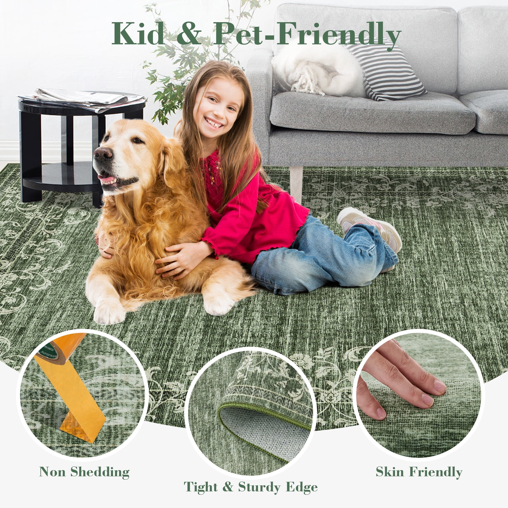 Garvee 2'x6' Runner Rugs, Oriental Rug Floral Print Area Rugs Soft Washable Rugs for Bedroom Hallway Kitchen, Non-Slip Durable Carpet, Green