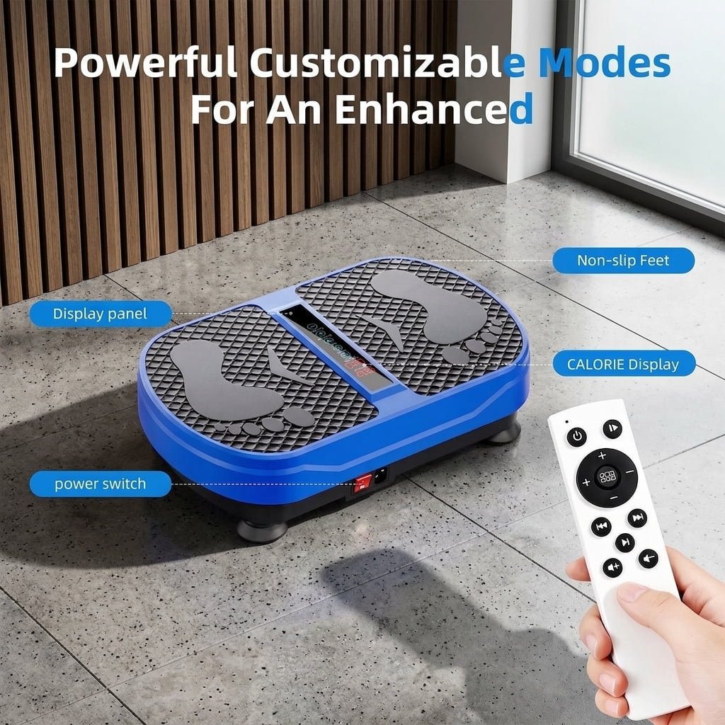 Fenbeli Vibration Plate Exercise Machine, 1-999 Speeds, Bluetooth Speaker, Remote, 2 Loops and 5 Resistance Bands, 450 lb Capacity, Blue