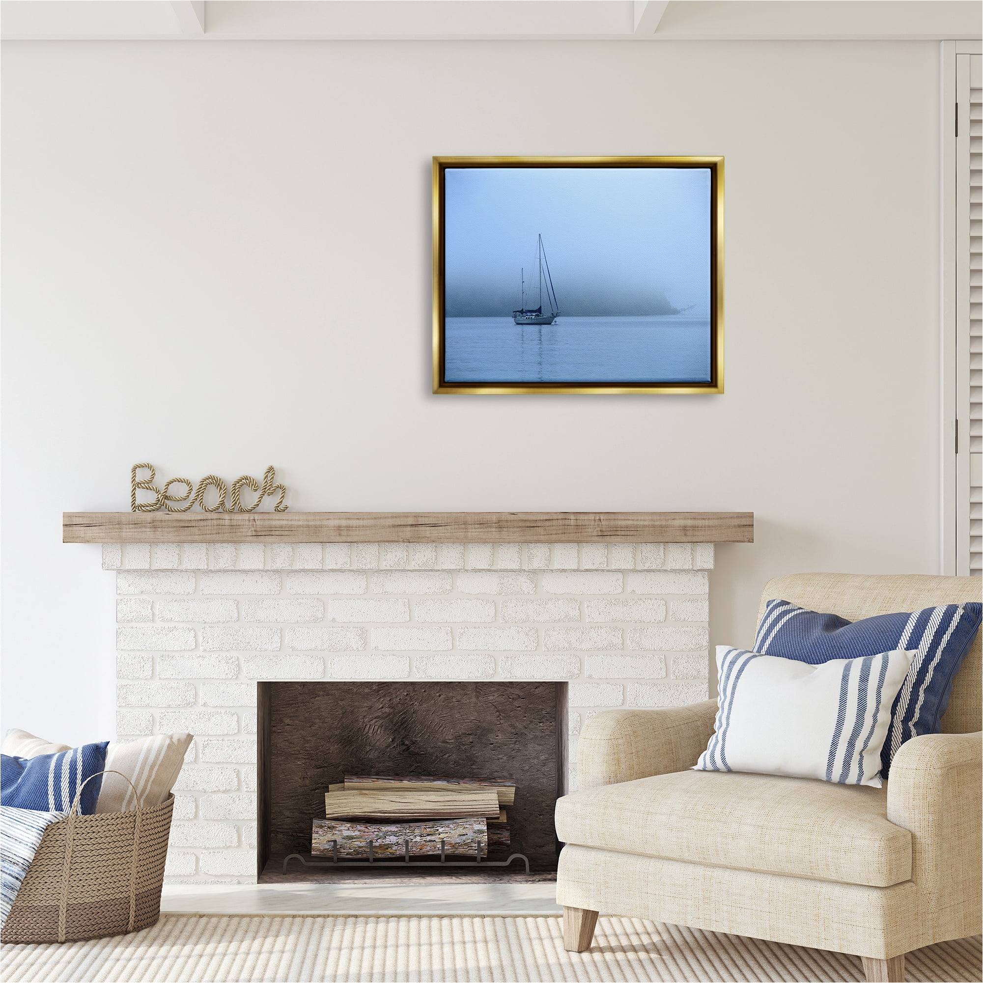 Stupell Industries Foggy Boat Sailing Landscape Photography Gold Floater Framed Canvas Art Print Wall Art, 31 x 25